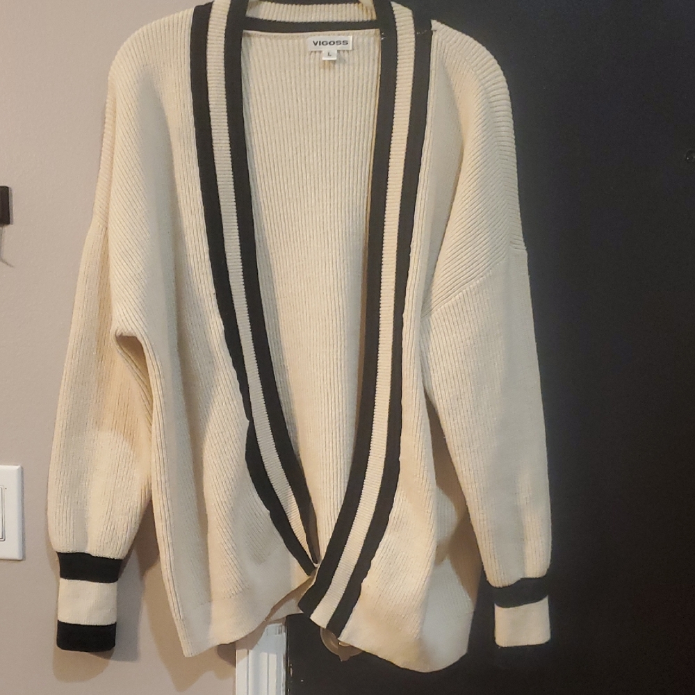 Vigoss Cream Cardigan with Black Trim Open-Front Ribbed Sweater